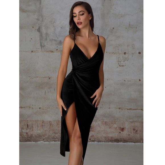 Black Velvet Wrap Cami High Slit Asymmetric Dress - Picture 4 of 13